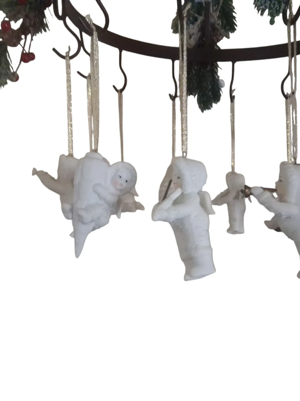 Hand-Painted White Porcelain Holiday Angel Ornaments - Set of Hanging Figurines